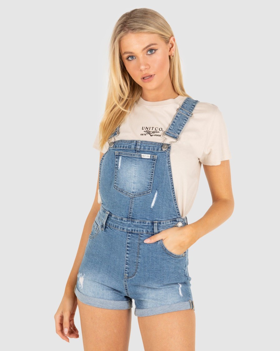 Ladies UNIT Shorts | Unit Ladies Bailey Denim Overalls Blue